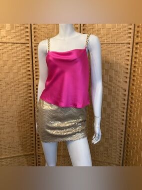 Bailey 44 Hot Pink Satin Cowl Neck Tank with Chain Shoulder Straps Y2K
